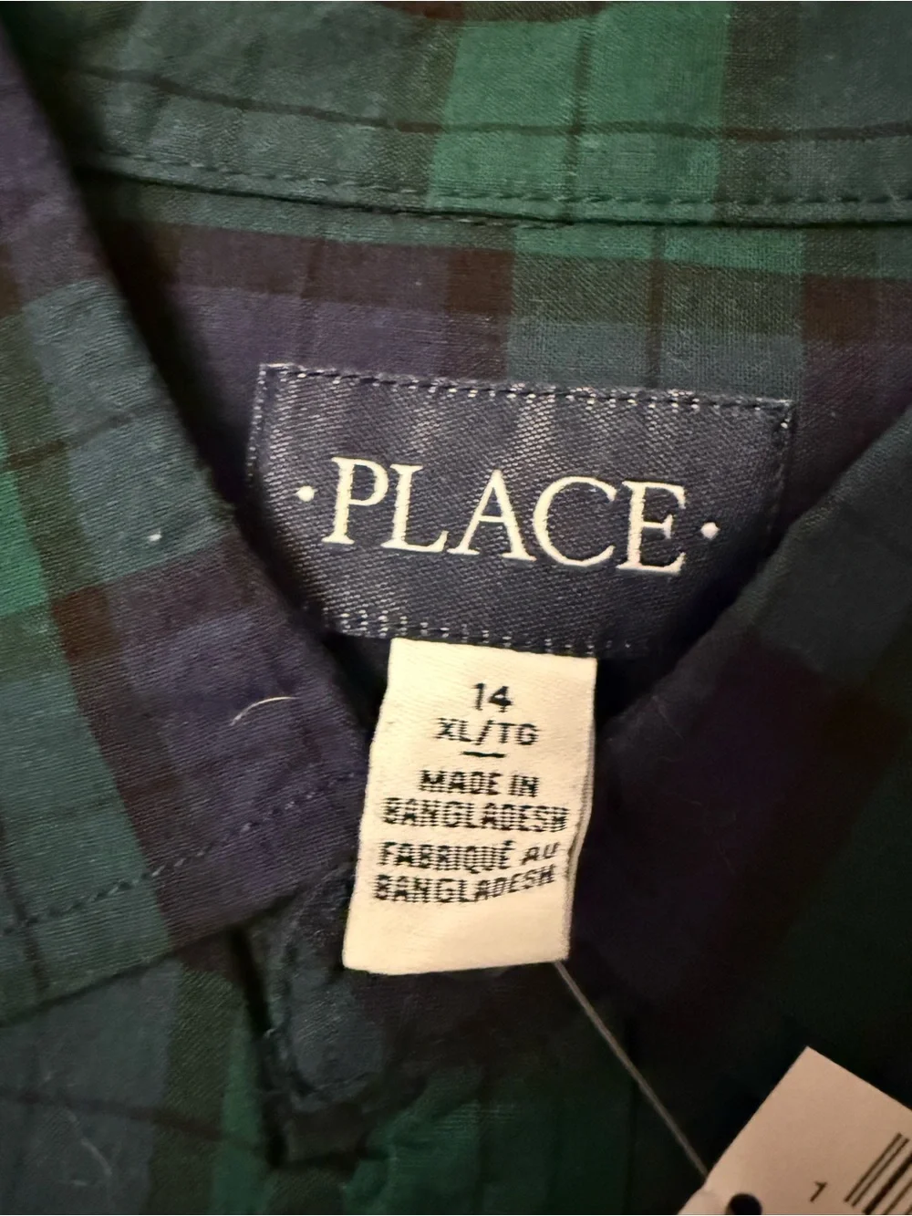 The Children's Place Green & Navy Plaid Button-Down Shirt XL size 14